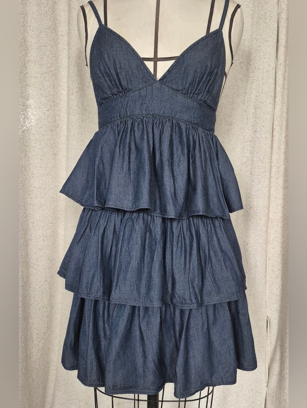 Y2K Denim Mini Dress with Spaghetti Straps - Dark Blue